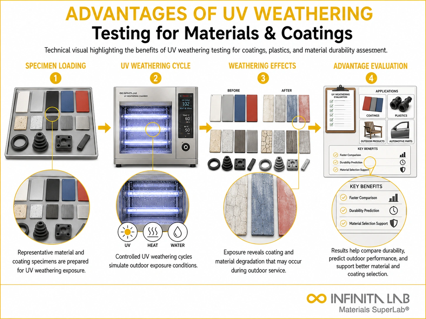 Infinita Engineering Visual showing Advantages Of Uv uv / weathering exposure workflow for advantages of uv weathering testing for materials & coatings.