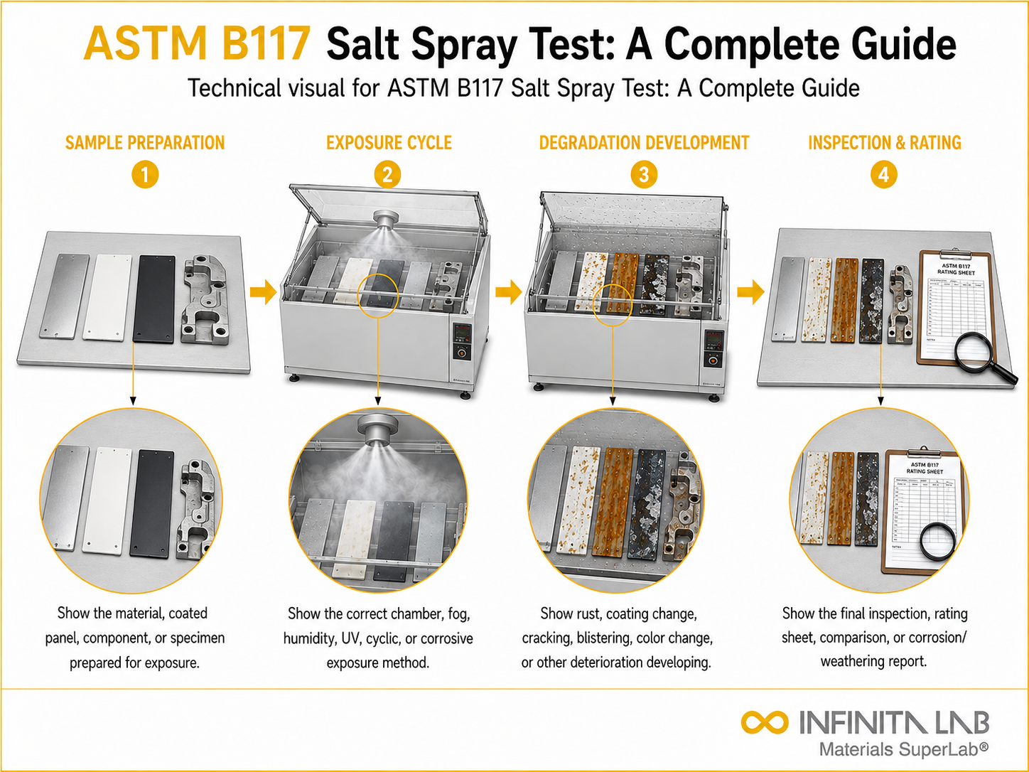 Infinita Engineering Visual showing ASTM B117 Salt Spray Test: A Complete Guide corrosion / weathering / durability workflow.