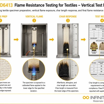 Infinita Engineering Visual showing ASTM D6413 FLAME fire / flammability / combustion workflow for astm d6413 flame resistance testing for textiles – vertical test method.