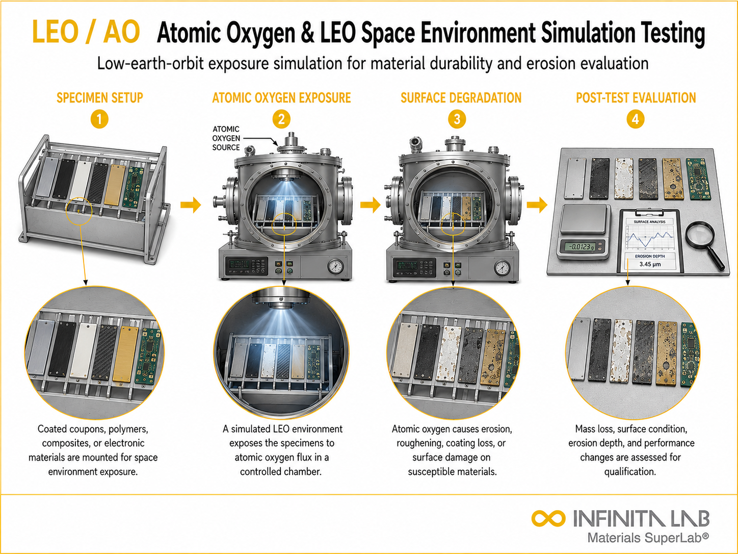 Infinita Engineering Visual showing Atomic Oxygen Leo atomic oxygen / space environment workflow for atomic oxygen & leo space environment simulation testing for materials.