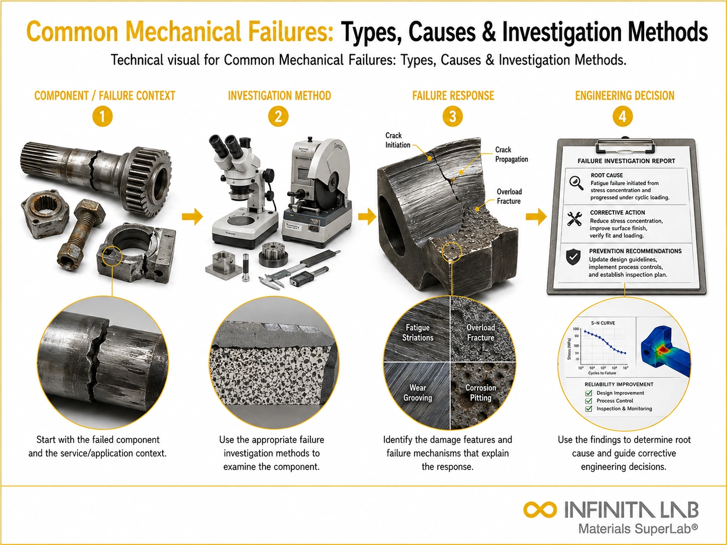 Infinita Engineering Visual showing Common Mechanical Failures general testing / industry guide workflow for common mechanical failures: types, causes & investigation methods.