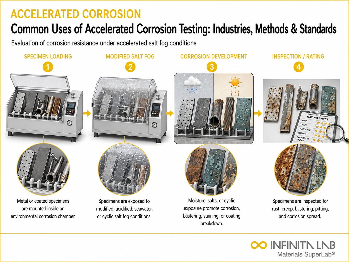 Four-step Infinita Engineering Visual showing common uses of accelerated corrosion testing: industries, methods & standards with specimen loading, modified salt fog, corrosion development, and inspection / rating.