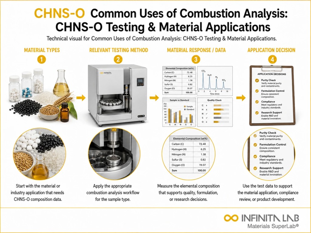 Infinita Engineering Visual showing Common Uses Of general testing / industry guide workflow for common uses of combustion analysis: chns-o testing & material applications.