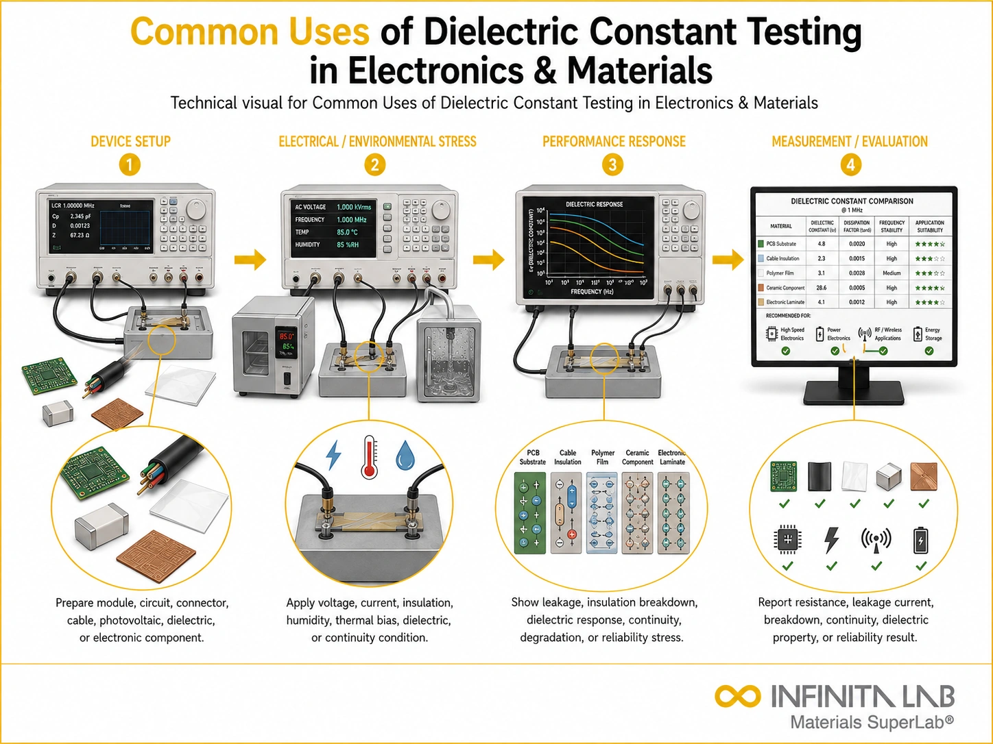 Infinita Engineering Visual showing Common Uses Of dielectric / insulation / electrical workflow for common uses of dielectric constant testing in electronics & materials.