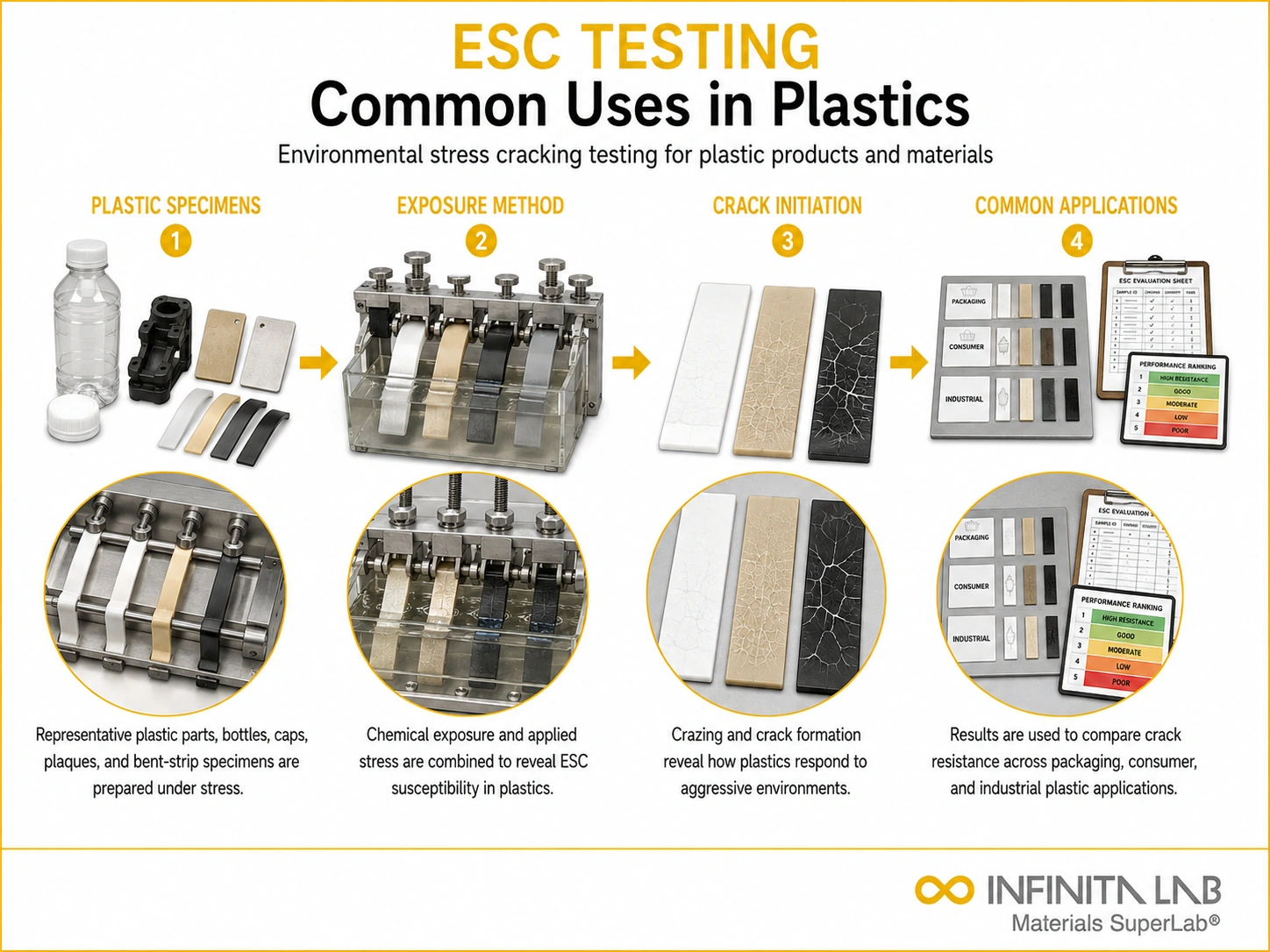 Infinita Engineering Visual showing Common Uses Of environmental stress cracking workflow for common uses of environmental stress cracking testing in plastics.