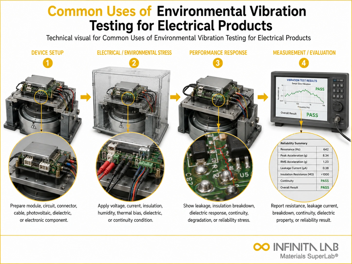 Infinita Engineering Visual showing Common Uses Of electrical / electronics reliability workflow for common uses of environmental vibration testing for electrical products.