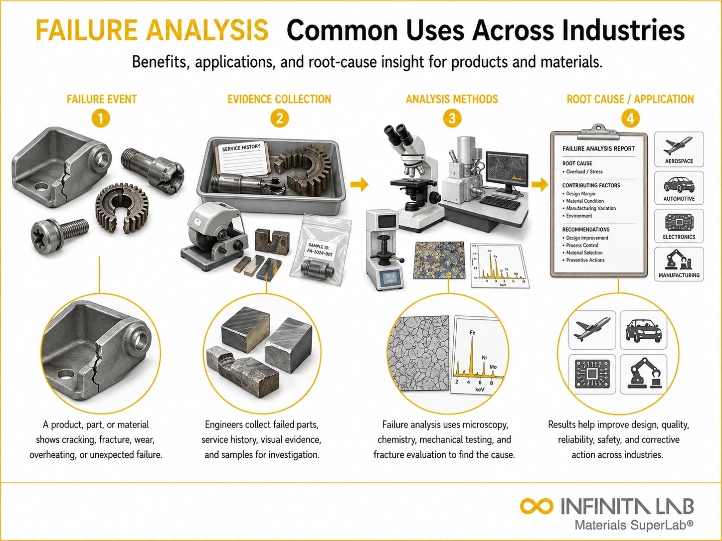 Infinita Engineering Visual showing Common Uses Of combustible dust / loc / explosion workflow for common uses of failure analysis: industries, benefits & applications.