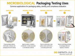 Infinita Engineering Visual showing Common Uses Of packaging material / package integrity workflow for common uses of microbiological testing of packaging: safety & compliance.
