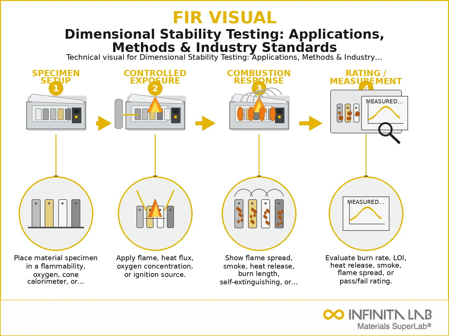 Infinita Engineering Visual showing Dimensional Stability Testing combustible dust / loc / explosion workflow for dimensional stability testing: applications, methods & industry standards.