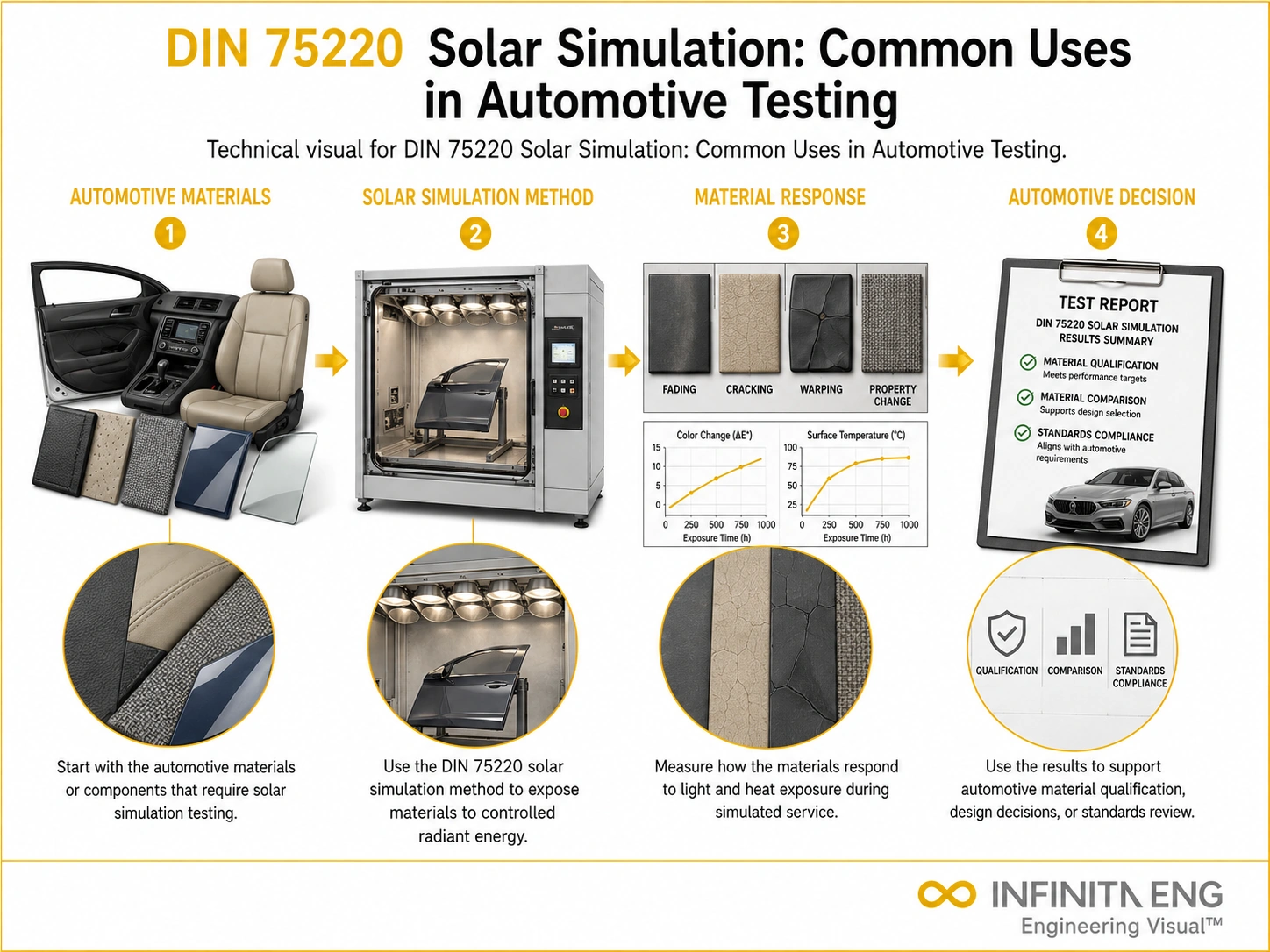 Infinita Engineering Visual showing Din 75220 Solar general testing / industry guide workflow for din 75220 solar simulation: common uses in automotive testing.
