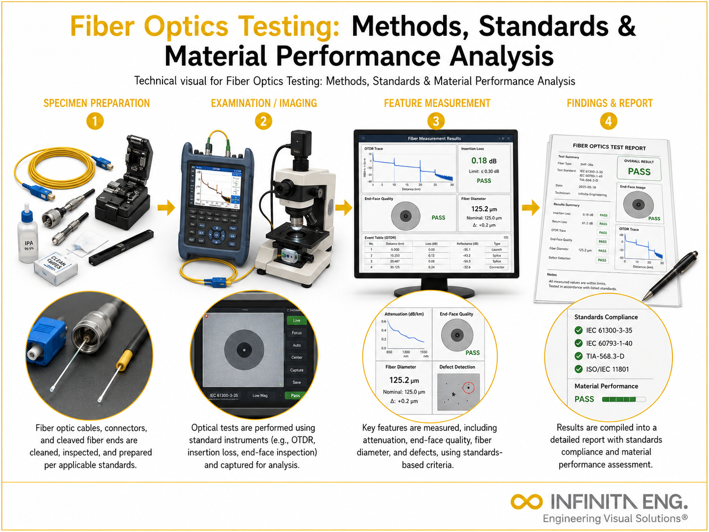 Infinita Engineering Visual showing Fiber Optics Testing: Methods, Standards & Material Performance Analysis microscopy / surface / material characterization workflow.