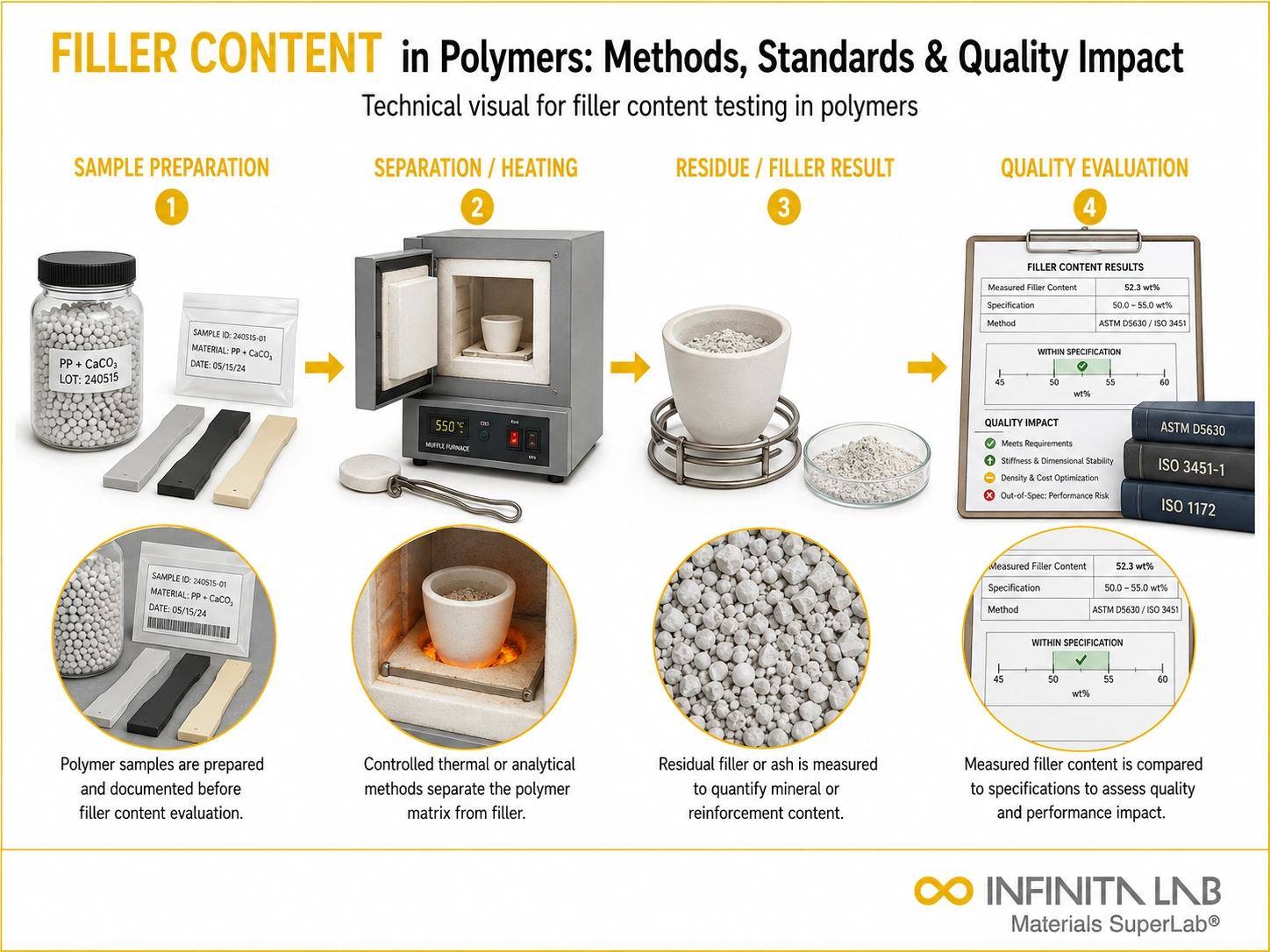 Infinita Engineering Visual showing Filler Content In impact testing workflow for filler content in polymers: testing methods, standards & quality impact.