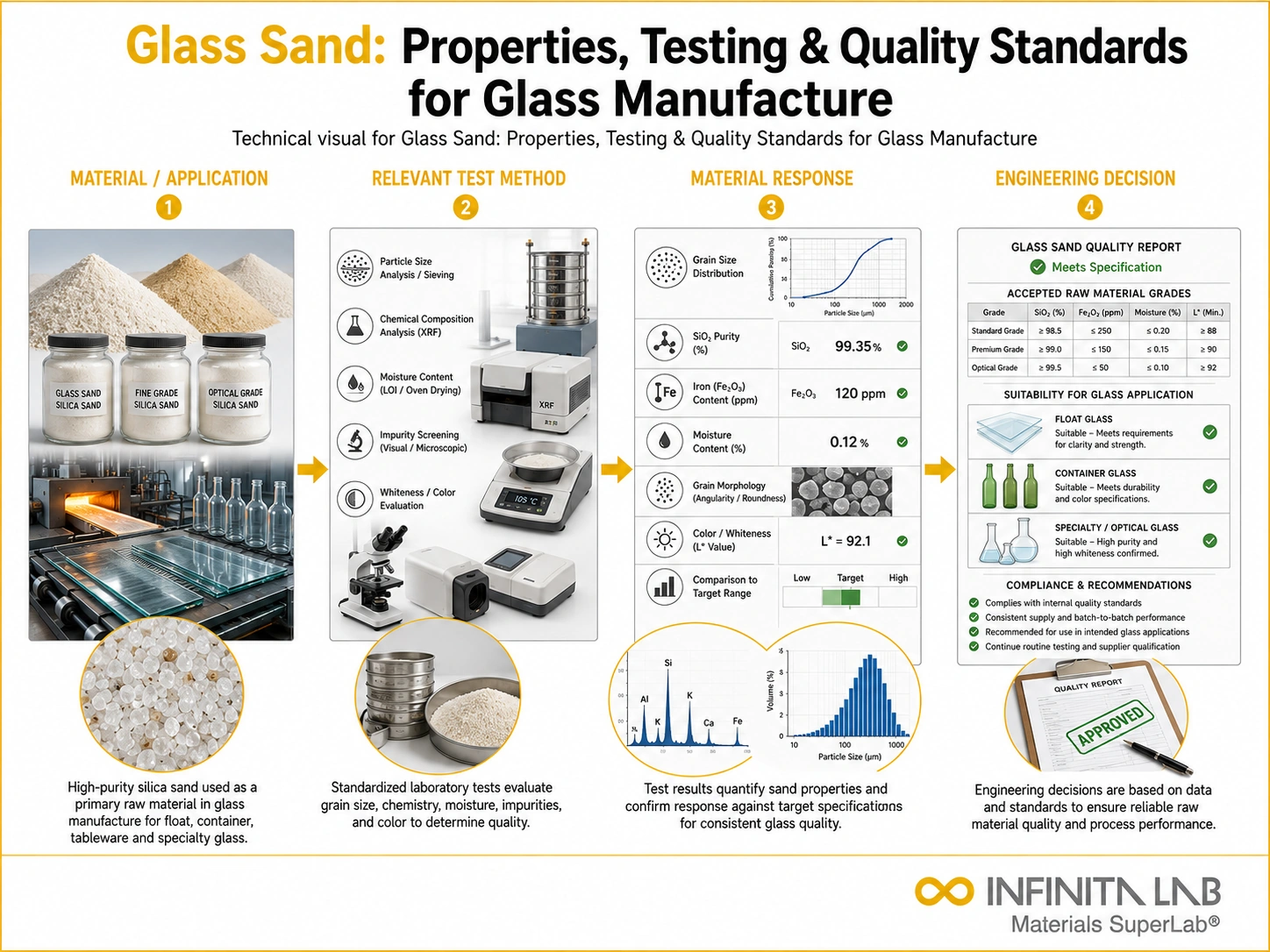 Infinita Engineering Visual showing Glass Sand Properties general testing / industry guide workflow for glass sand: properties, testing & quality standards for glass manufacture.