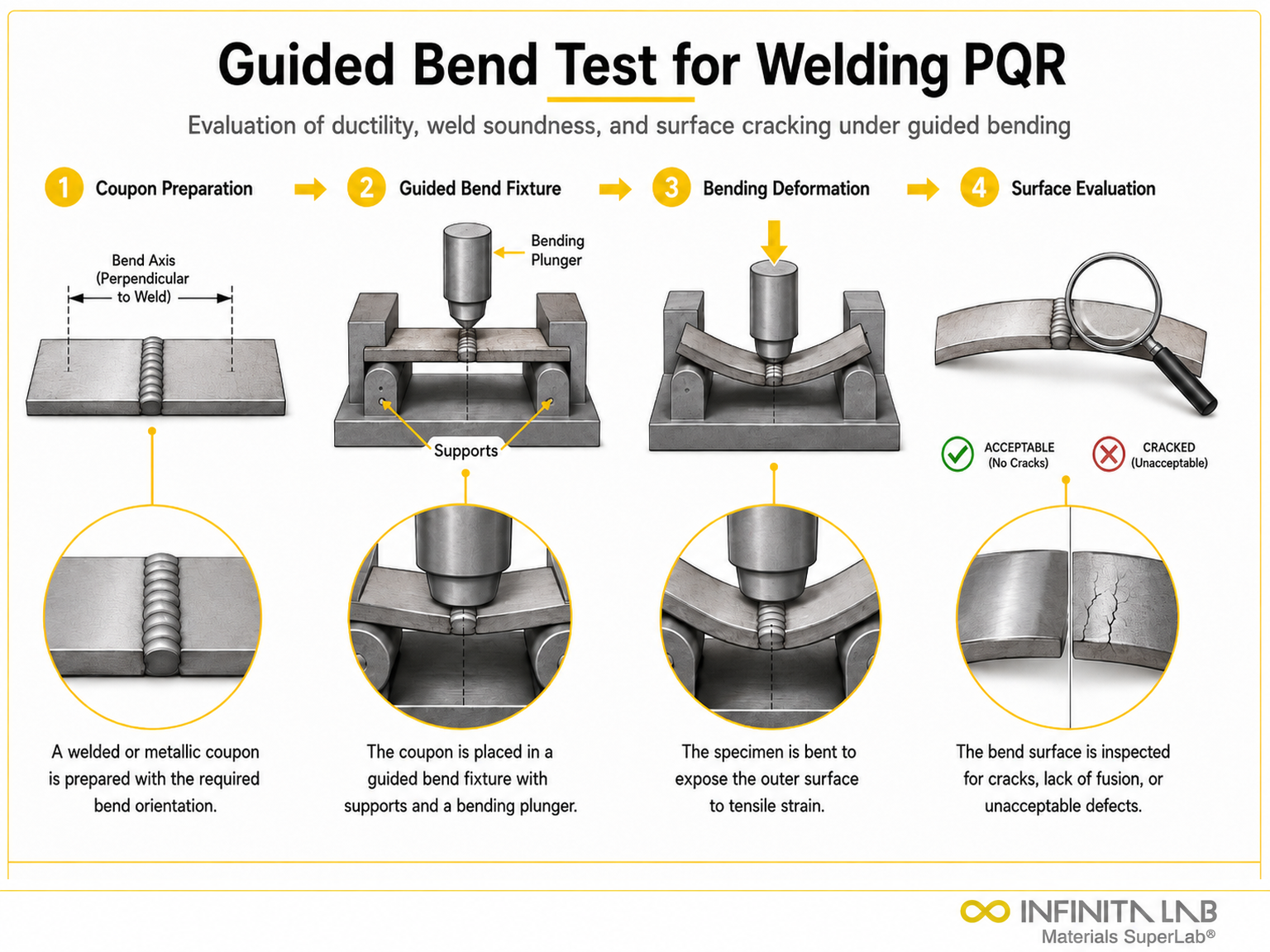 Four-step Infinita Engineering Visual showing guided Bend Test for Welding PQR Standards Procedure Pass Fail with specimen preparation, fixture setup, flexural loading, and results evaluation.