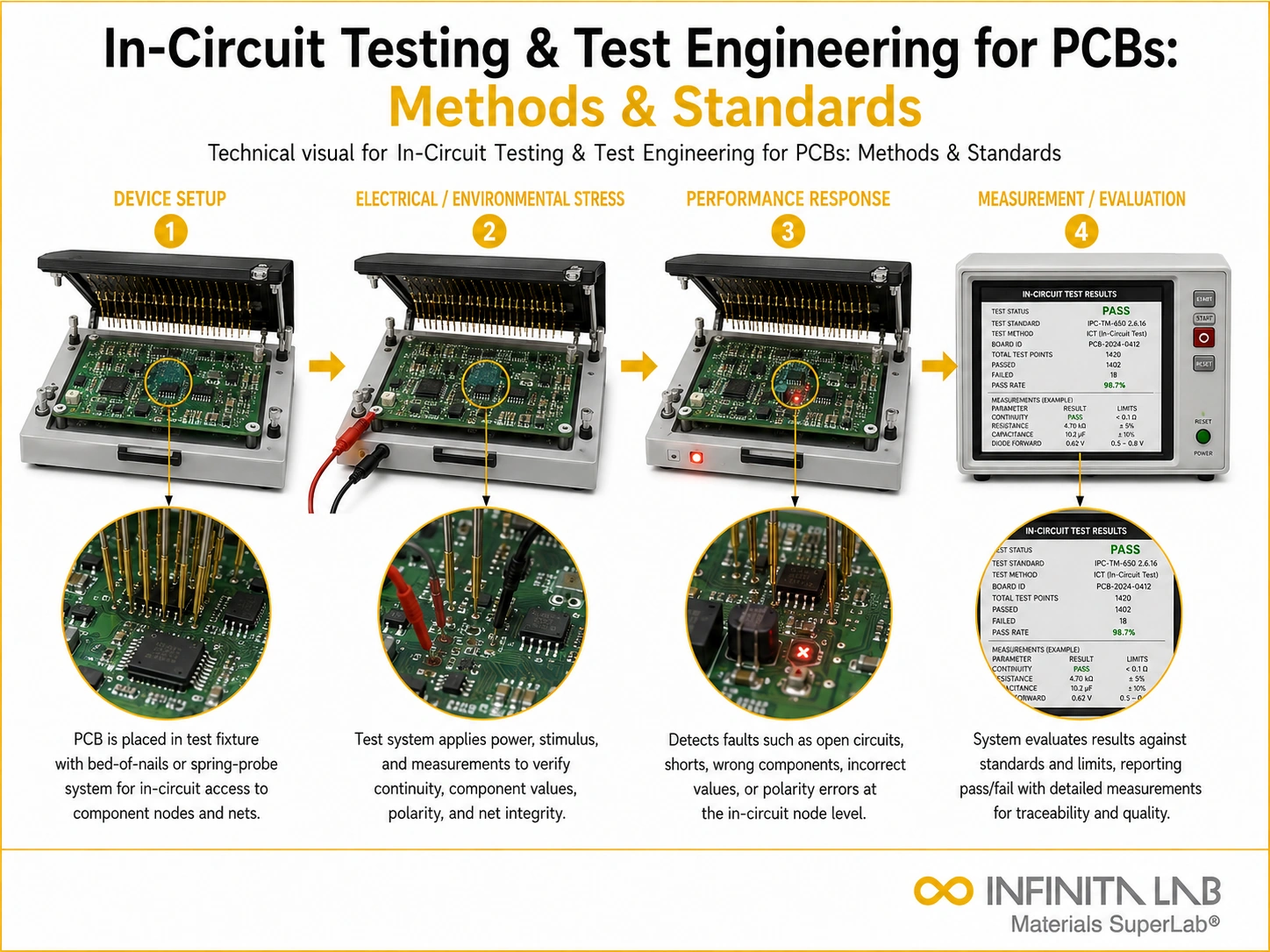 Infinita Engineering Visual showing In Circuit Testing electrical / electronics reliability workflow for in-circuit testing & test engineering for pcbs: methods & standards.