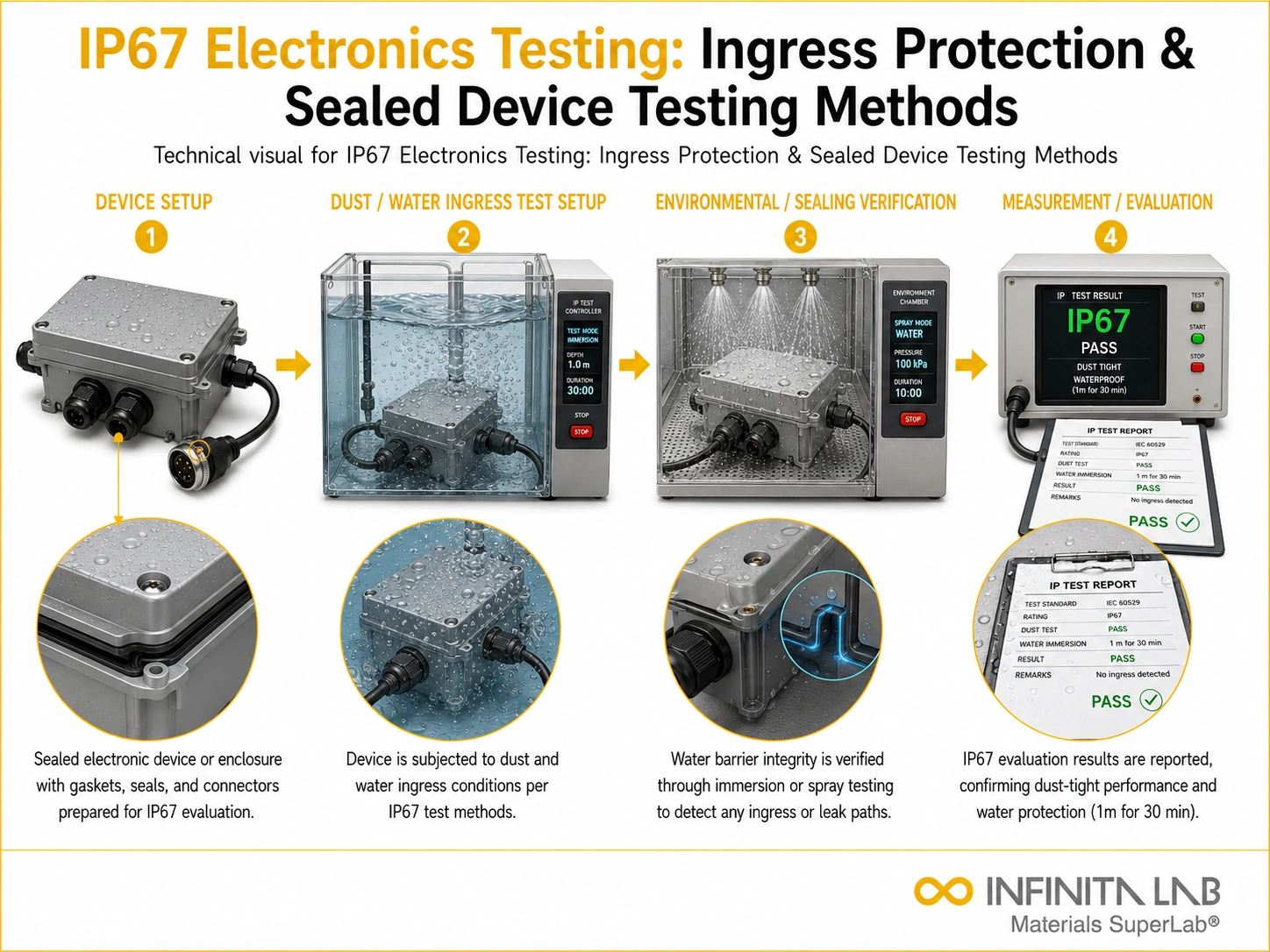 Infinita Engineering Visual showing IP67 electronics reliability / thb workflow for ip67 electronics testing: ingress protection & sealed device testing methods.