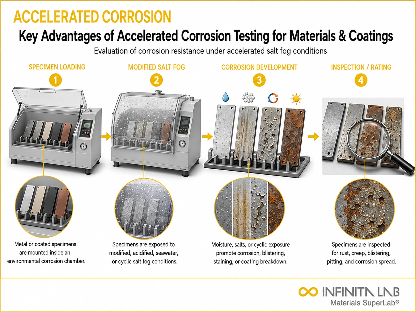 Four-step Infinita Engineering Visual showing key advantages of accelerated corrosion testing for materials & coatings with specimen loading, modified salt fog, corrosion development, and inspection / rating.