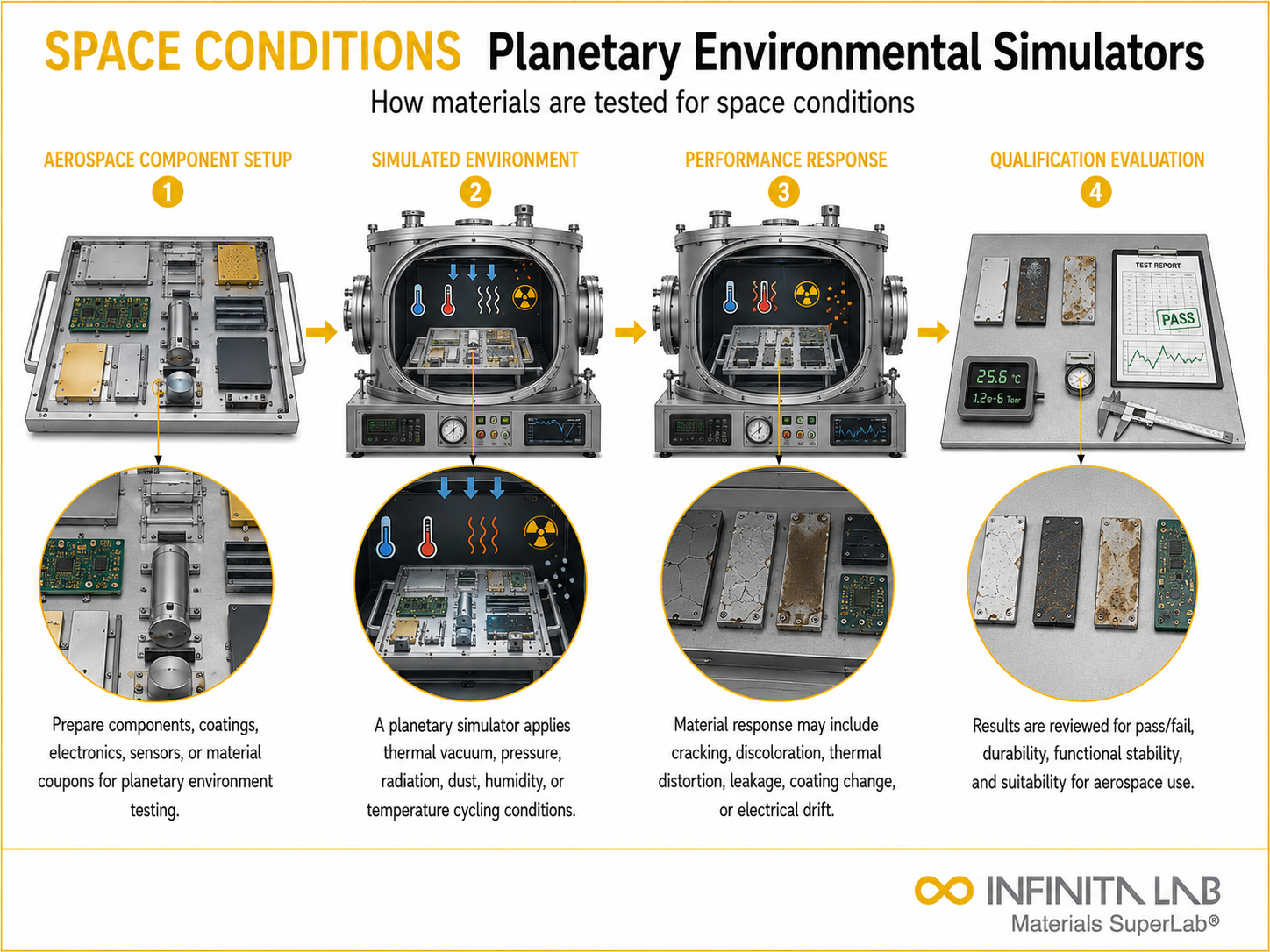 Infinita Engineering Visual showing Planetary Environmental Simulators atomic oxygen / space environment workflow for planetary environmental simulators: how materials are tested for space conditions.