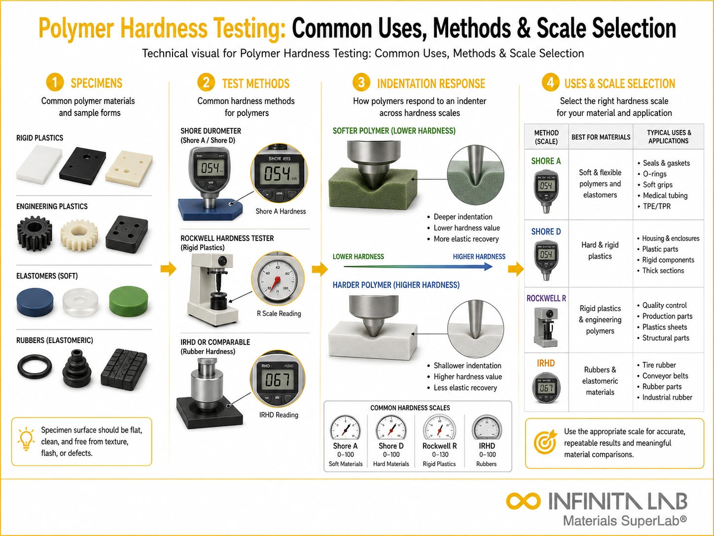 Infinita Engineering Visual showing Polymer Hardness Testing hardness / indentation workflow for polymer hardness testing: common uses, methods & scale selection.