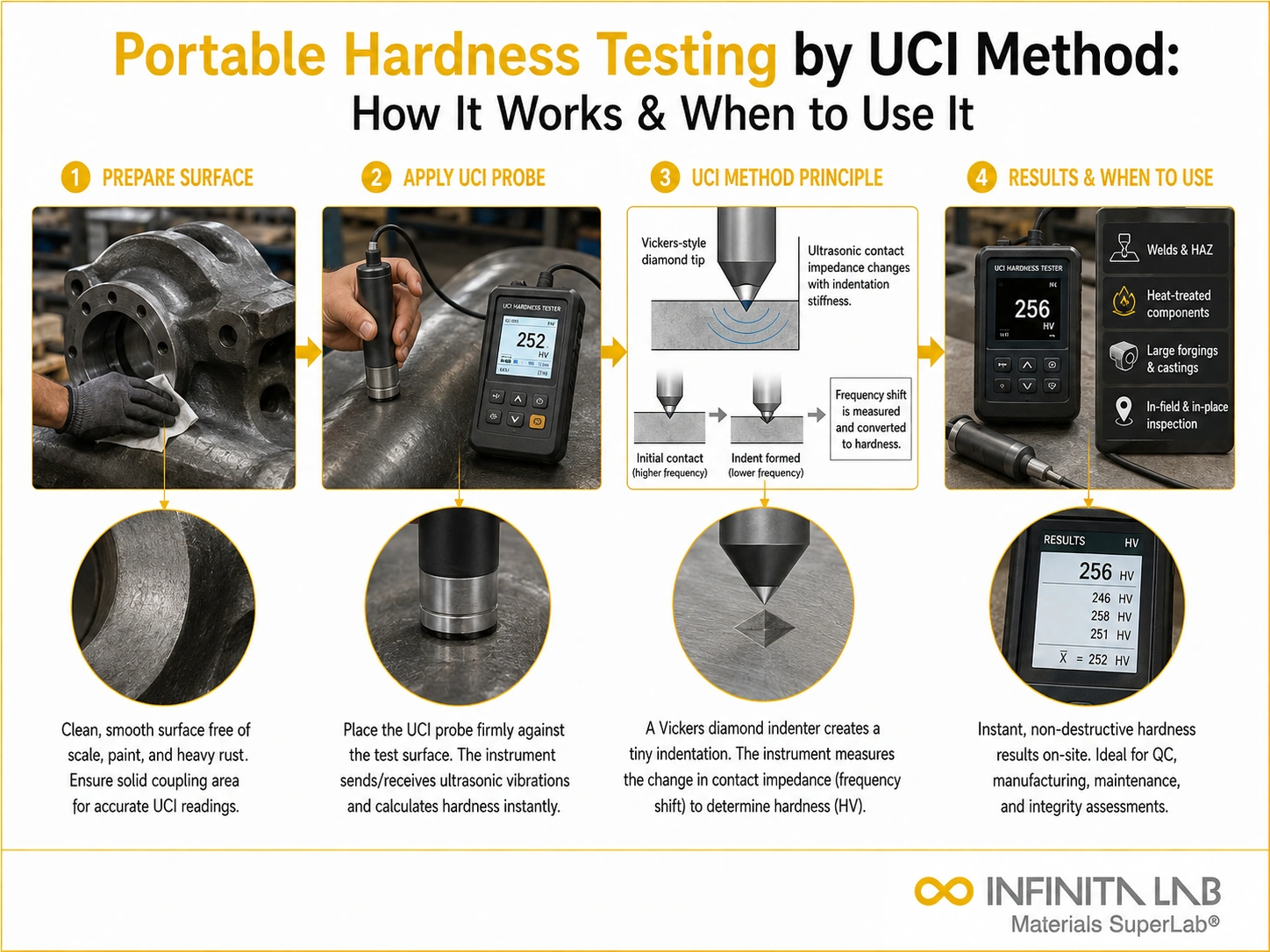 Infinita Engineering Visual showing Portable Hardness Testing hardness / indentation workflow for portable hardness testing by uci method: how it works & when to use it.