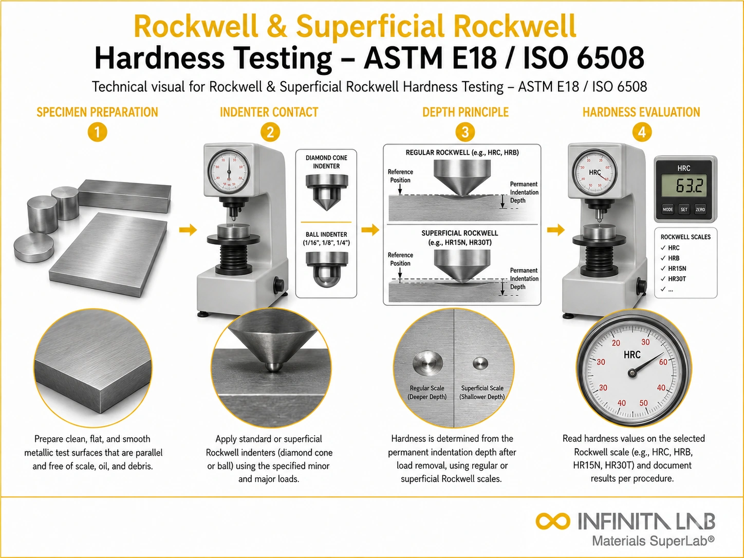 Rockwell & Superficial Rockwell Hardness Testing – ASTM E18 / ISO 6508