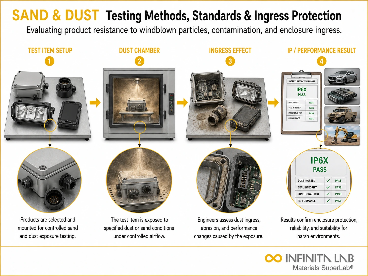 Infinita Engineering Visual showing Sand Dust Testing combustible dust / loc / explosion workflow for sand & dust testing: methods, standards & ingress protection guide.