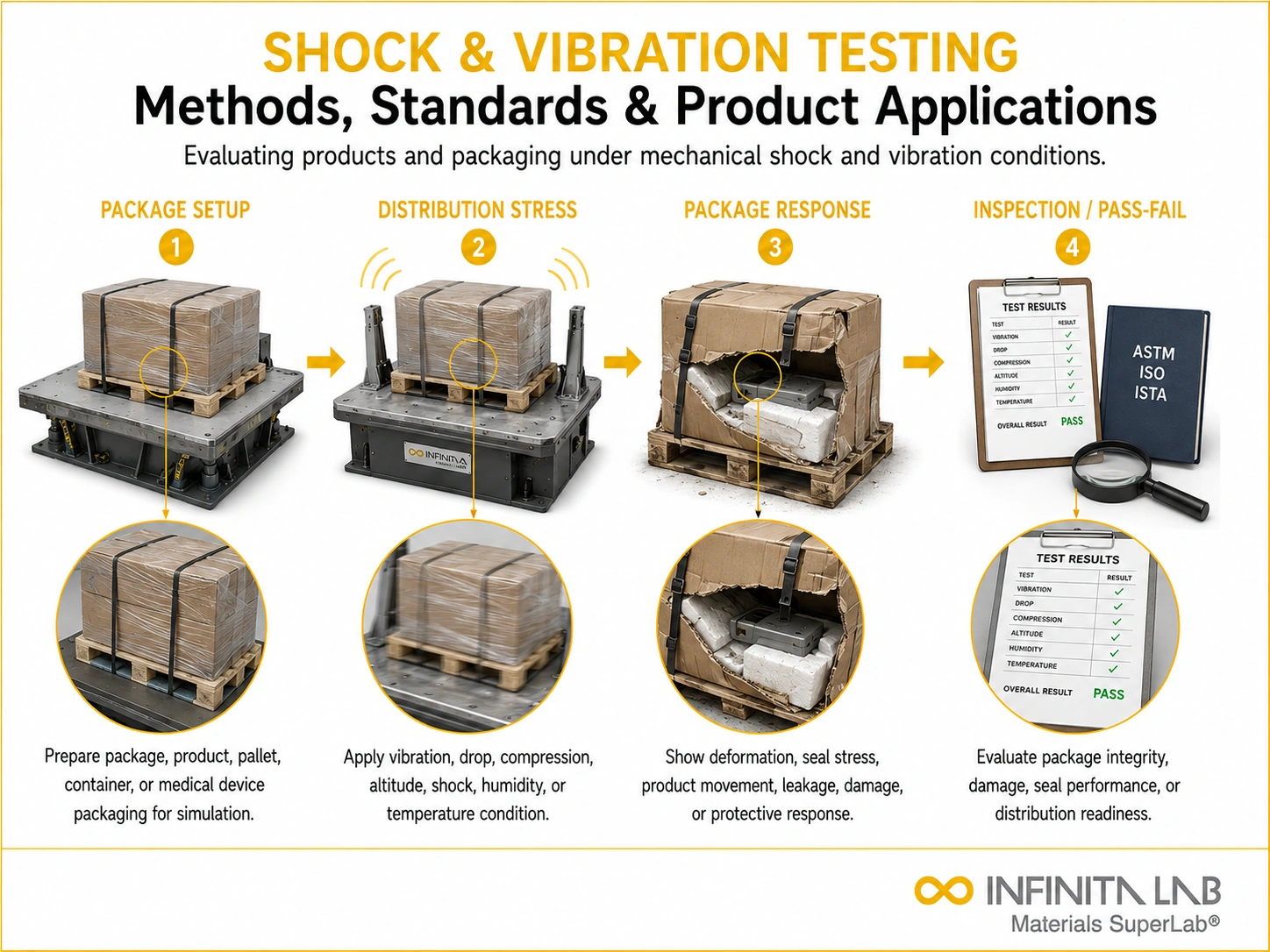 Infinita Engineering Visual showing Shock Vibration Testing transport / distribution simulation workflow for shock & vibration testing: methods, standards & product applications.