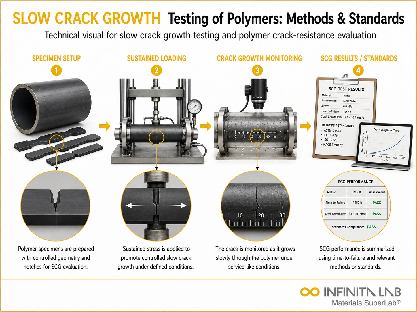 Infinita Engineering Visual showing Slow Crack Growth fracture / crack growth workflow for slow crack growth (scg) testing of polymers: methods & standards.
