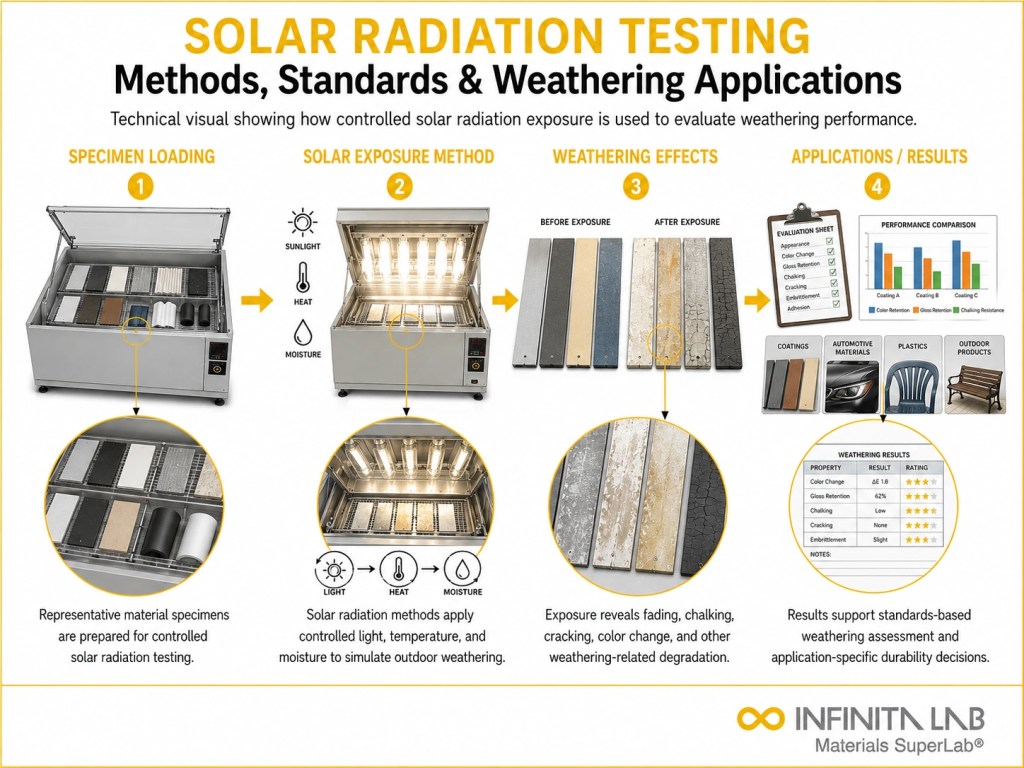 Infinita Engineering Visual showing Solar Radiation Testing uv / weathering exposure workflow for solar radiation testing: methods, standards & weathering applications.