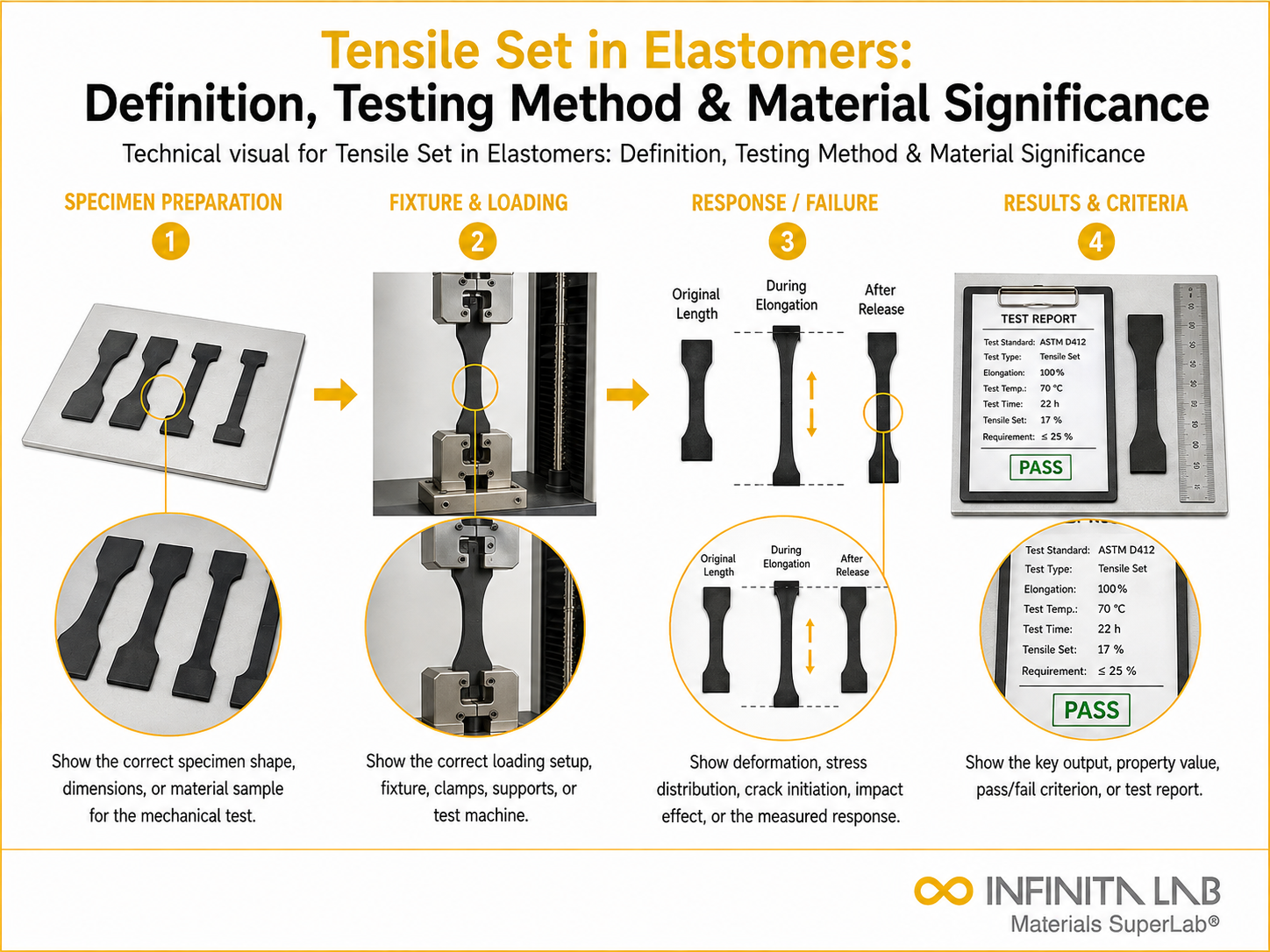 Infinita Engineering Visual showing Tensile Set in Elastomers: Definition, Testing Method & Material Significance mechanical / structural testing workflow.