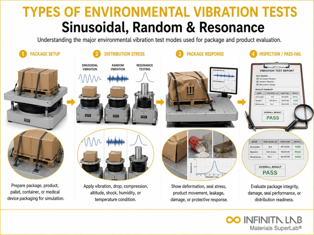 Infinita Engineering Visual showing Types Of Environmental transport / distribution simulation workflow for types of environmental vibration tests: sinusoidal, random & resonance.