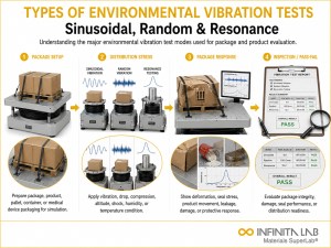 Infinita Engineering Visual showing Types Of Environmental transport / distribution simulation workflow for types of environmental vibration tests: sinusoidal, random & resonance.