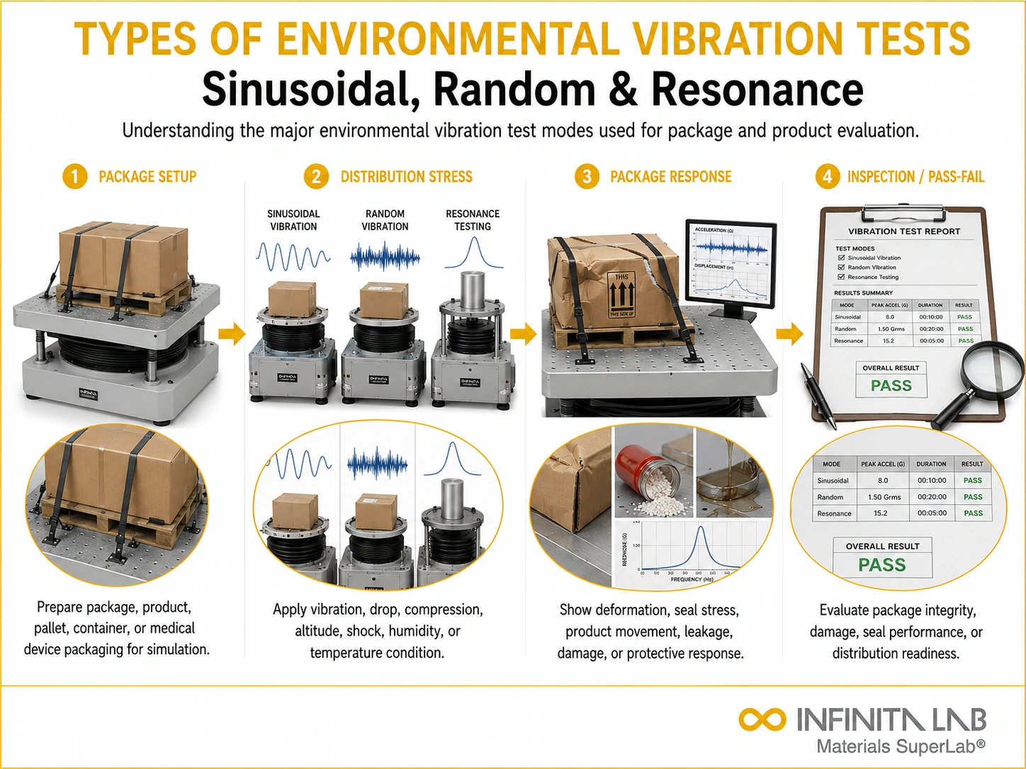 Infinita Engineering Visual showing Types Of Environmental transport / distribution simulation workflow for types of environmental vibration tests: sinusoidal, random & resonance.