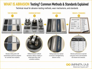 Infinita Engineering Visual showing What Is Abrasion wear / abrasion / scratch workflow for what is abrasion testing? common methods & standards explained.