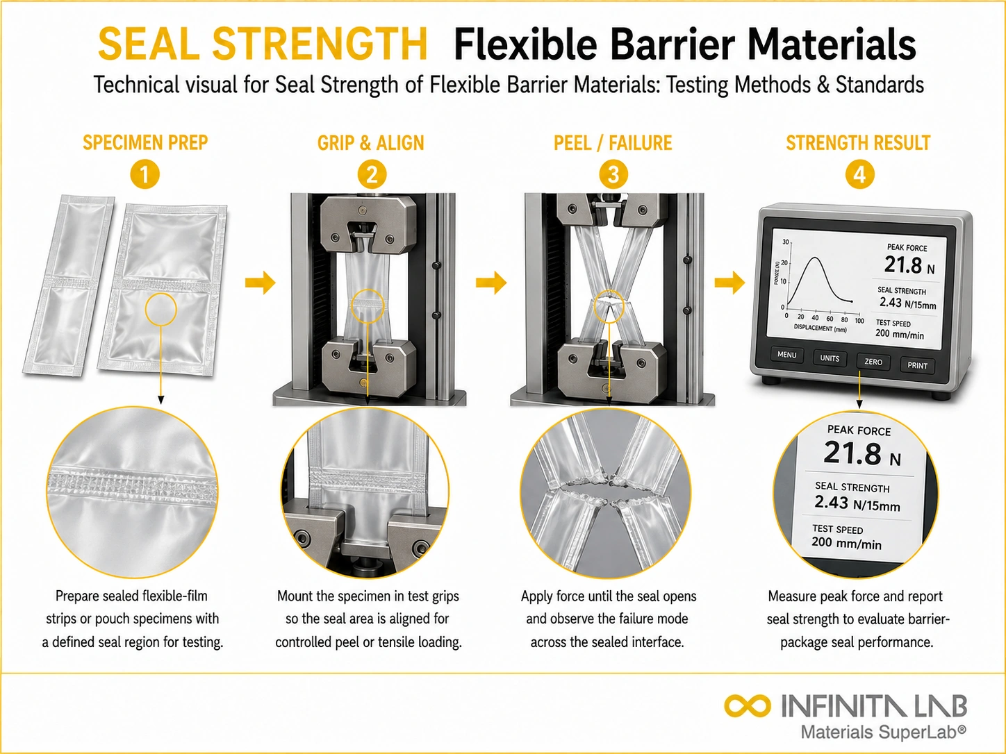 Infinita Engineering Visual showing Seal Strength Of leak / seal integrity workflow for seal strength of flexible barrier materials: testing methods & standards.