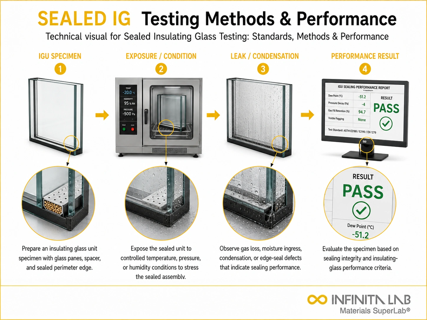 Infinita Engineering Visual showing Sealed Insulating Glass leak / seal integrity workflow for sealed insulating glass testing: standards, methods & performance.