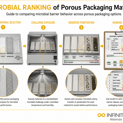 Infinita Engineering Visual showing Microbial Ranking Of antimicrobial / disinfectant efficacy workflow for microbial ranking of porous packaging materials guide.