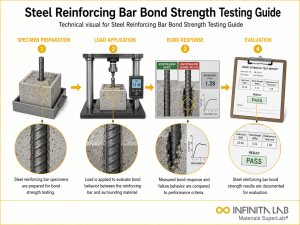 Infinita Engineering Visual showing Steel Reinforcing Bar adhesive / bond strength workflow for steel reinforcing bar bond strength testing guide.