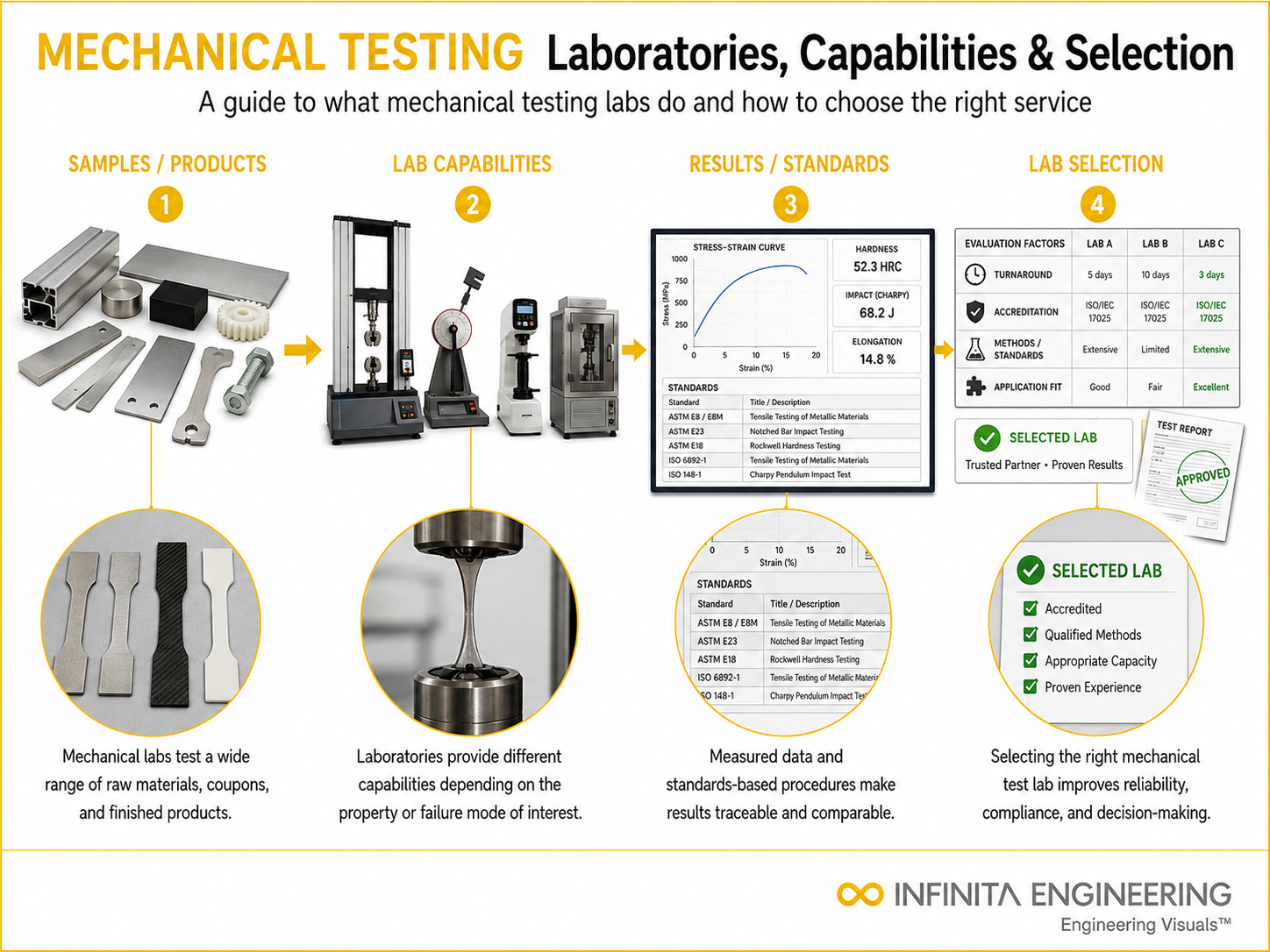 Infinita Engineering Visual showing Mechanical Testing Services general testing / industry guide workflow for mechanical testing services & laboratories: capabilities, standards & selection.