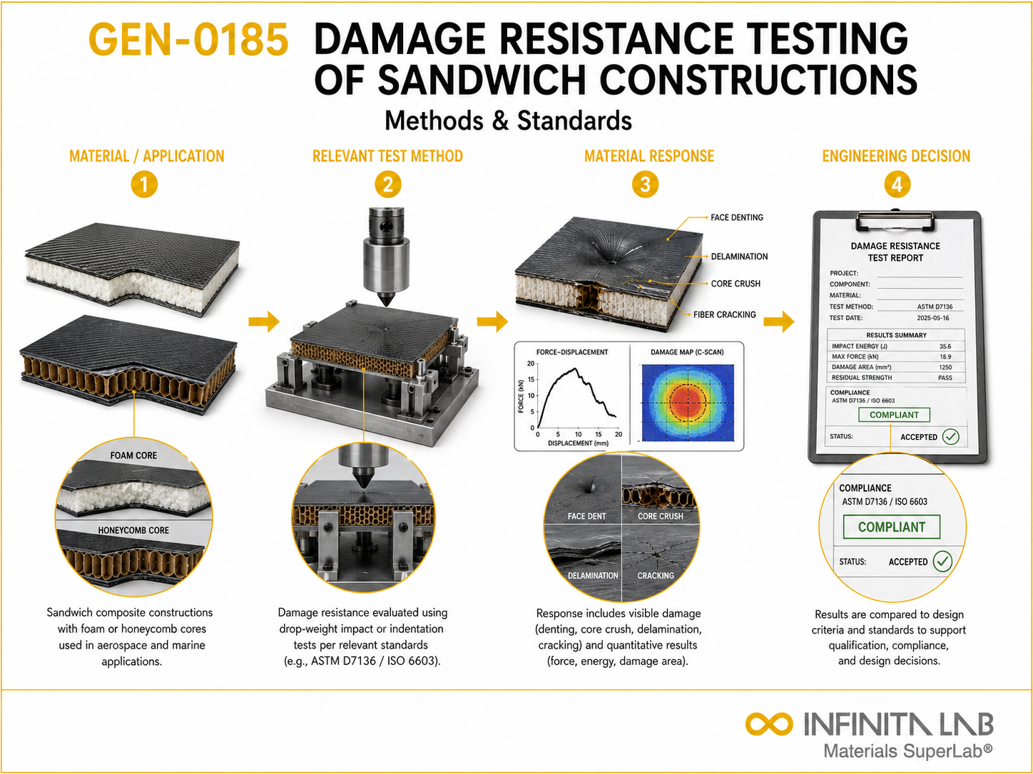 Infinita Engineering Visual showing Damage Resistance Testing general testing / industry guide workflow for damage resistance testing of sandwich constructions: methods & standards.