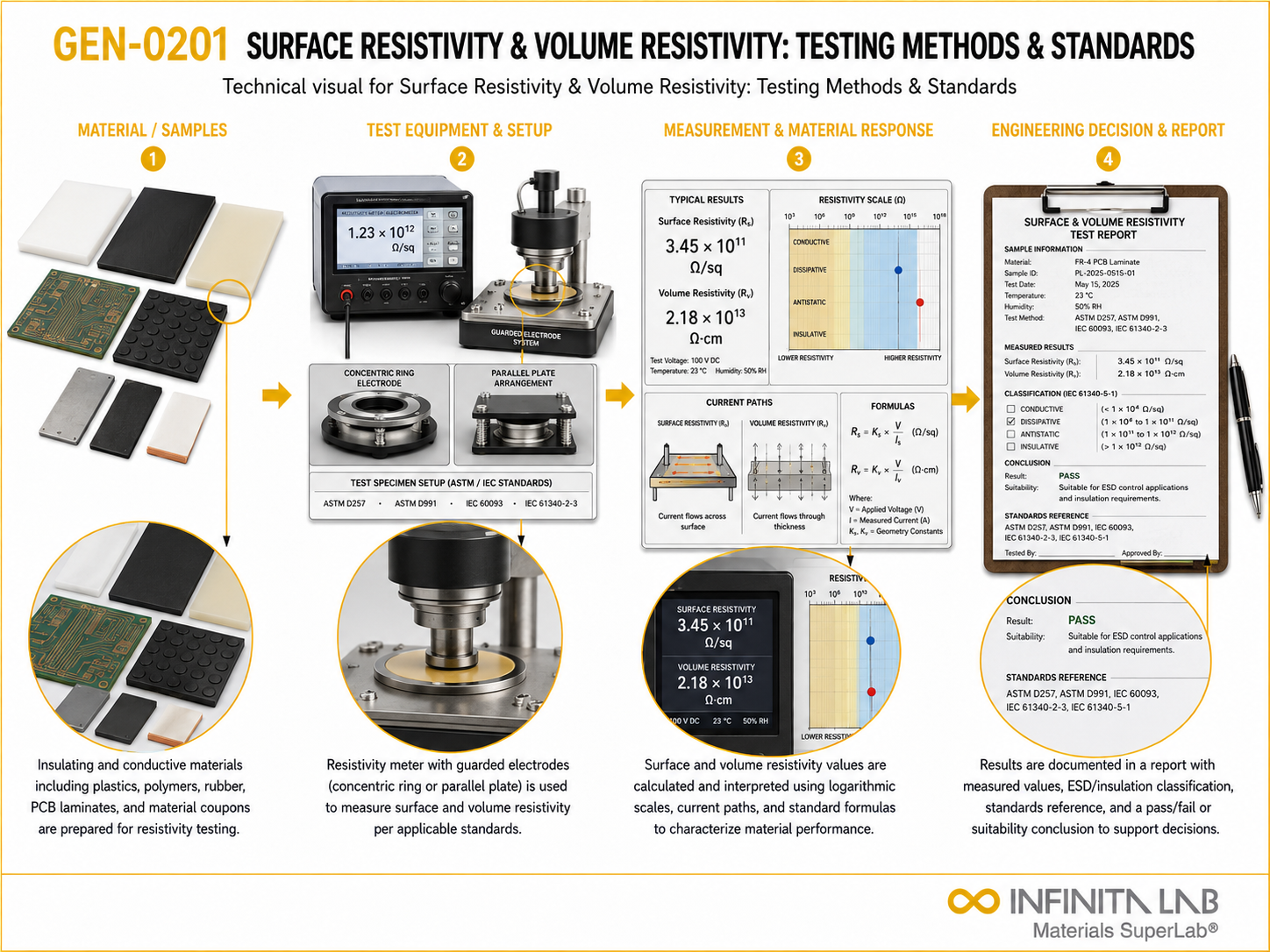 Infinita Engineering Visual showing Surface Resistivity Volume general testing / industry guide workflow for surface resistivity & volume resistivity: testing methods & standards.