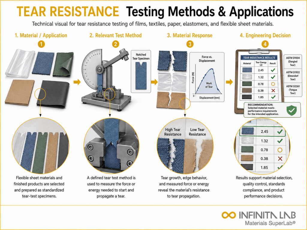 Infinita Engineering Visual showing Tear Resistance Testing general testing / industry guide workflow for tear resistance testing: methods, standards & material applications.