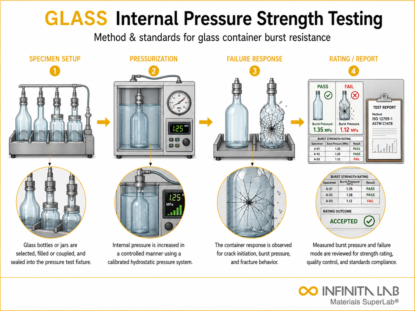 Infinita Engineering Visual showing Internal Pressure Strength general testing / industry guide workflow for internal pressure strength of glass containers: testing method & standards.