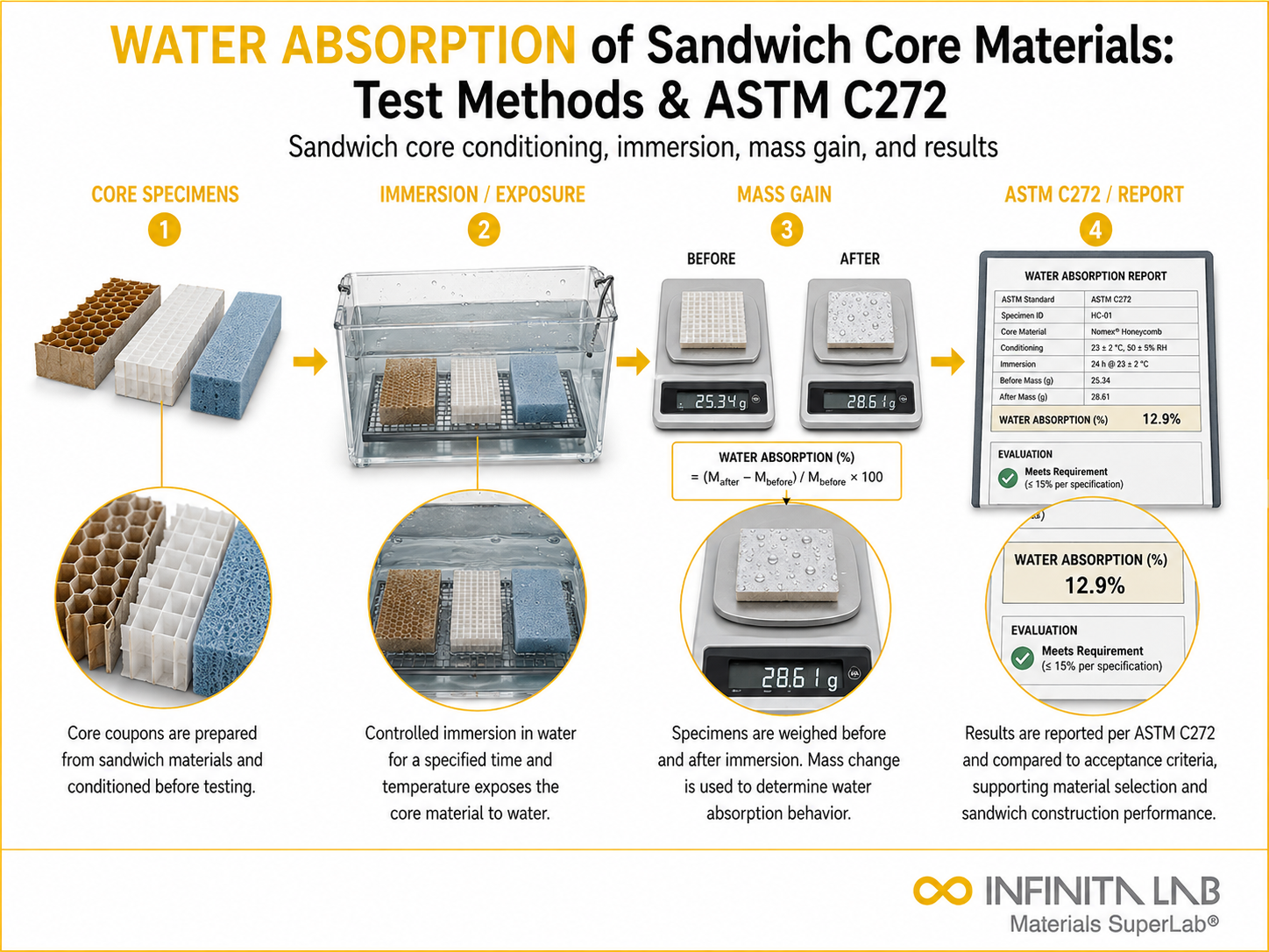 Infinita Engineering Visual showing ASTM C272 general testing / industry guide workflow for water absorption of sandwich core materials: test methods & astm c272.