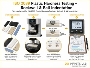 Infinita Engineering Visual showing ISO 2039 PLASTIC rockwell hardness workflow for iso 2039 plastic hardness testing – rockwell & ball indentation.
