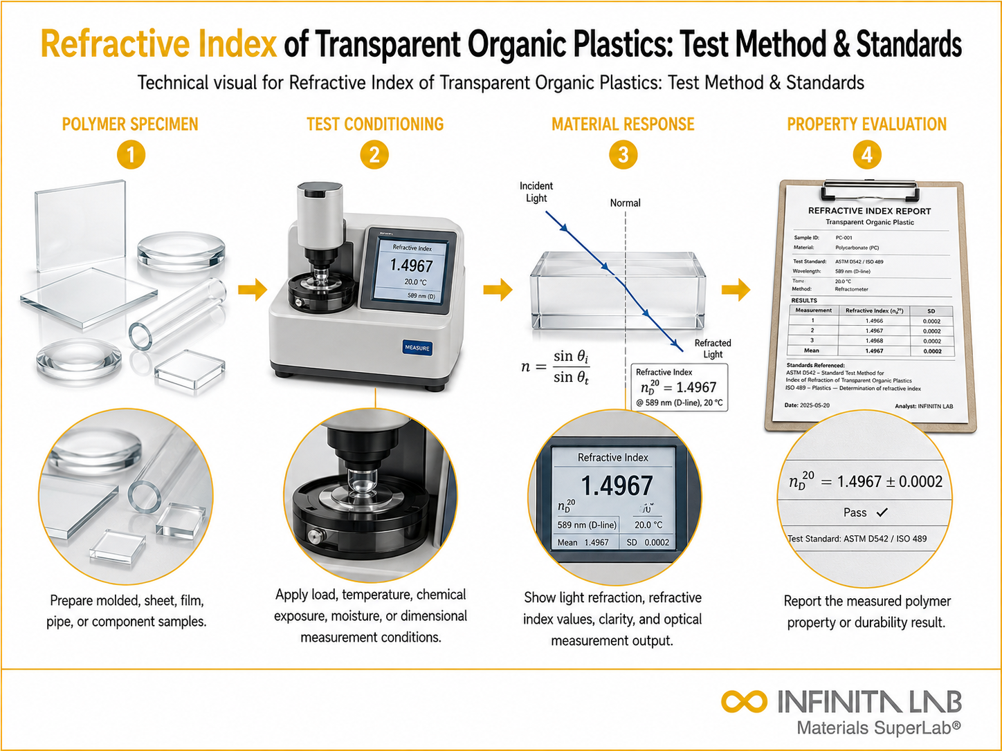 Infinita Engineering Visual showing Refractive Index Of polymer / plastics material properties workflow for refractive index of transparent organic plastics: test method & standards.