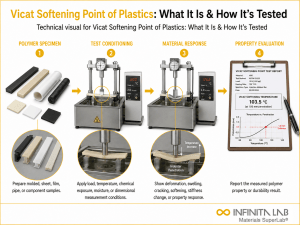Infinita Engineering Visual showing Vicat Softening Point polymer / plastics material properties workflow for vicat softening point of plastics: what it is & how it's tested.