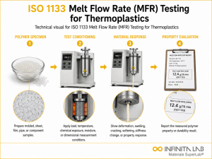 Infinita Engineering Visual showing ISO 1133 MELT polymer / plastics material properties workflow for iso 1133 melt flow rate (mfr) testing for thermoplastics.