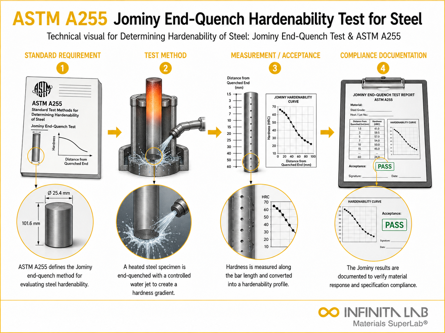 Infinita Engineering Visual showing ASTM A255 standard overview / compliance workflow for determining hardenability of steel: jominy end-quench test & astm a255.