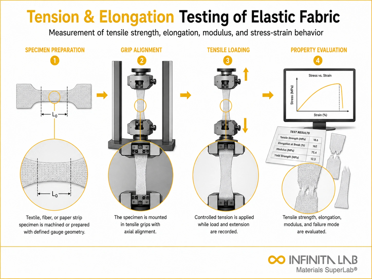 Tensile testing visual for Tension & Elongation Testing of Elastic Fabric: Methods, Standards & Results, showing specimen preparation, grip alignment, axial loading, and stress-strain evaluation.
